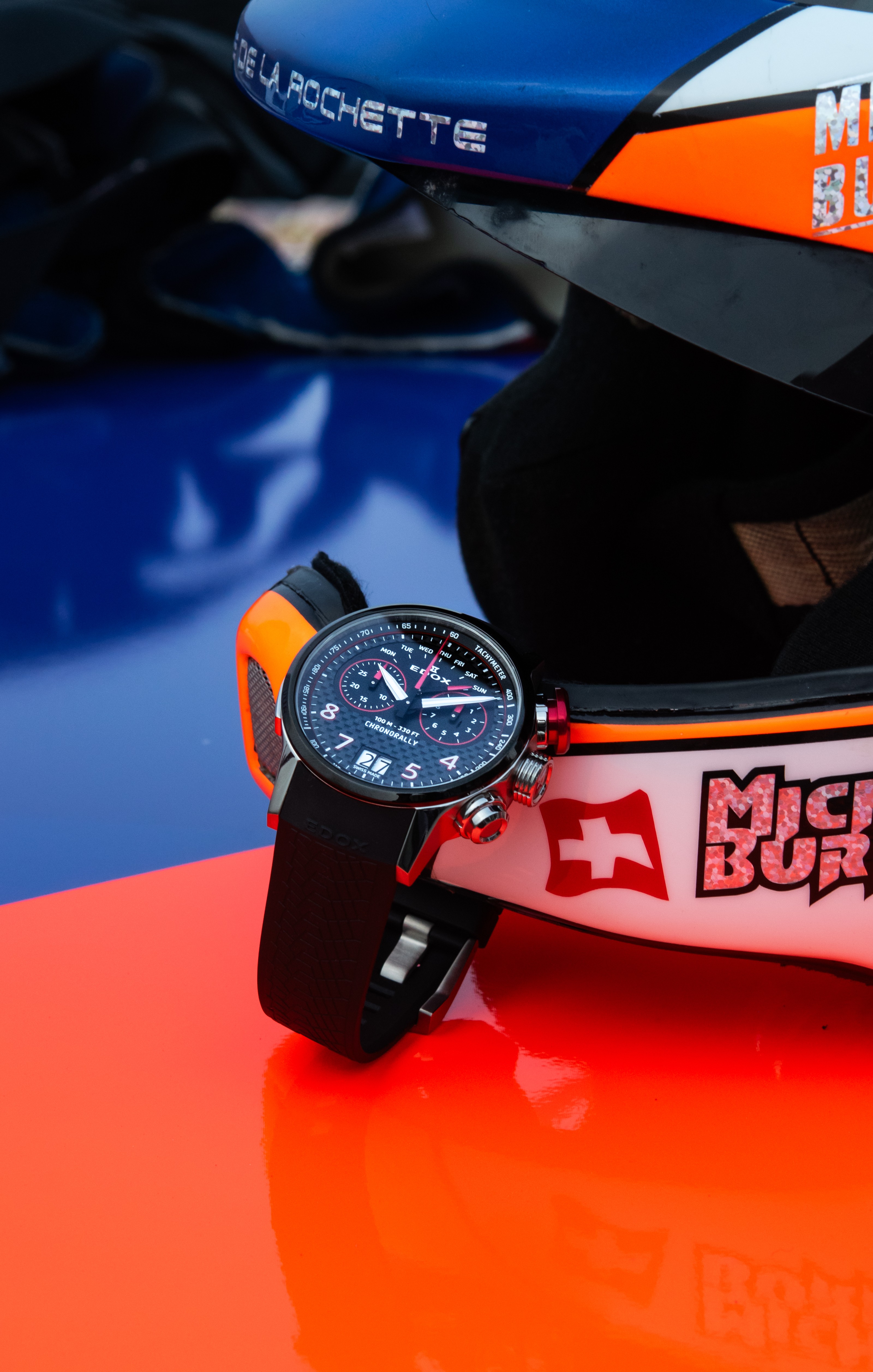 Edox Chronorally Swiss chronograph watch, black and carbon and red dial, black rubber strap, sports watch, motorsport, rally